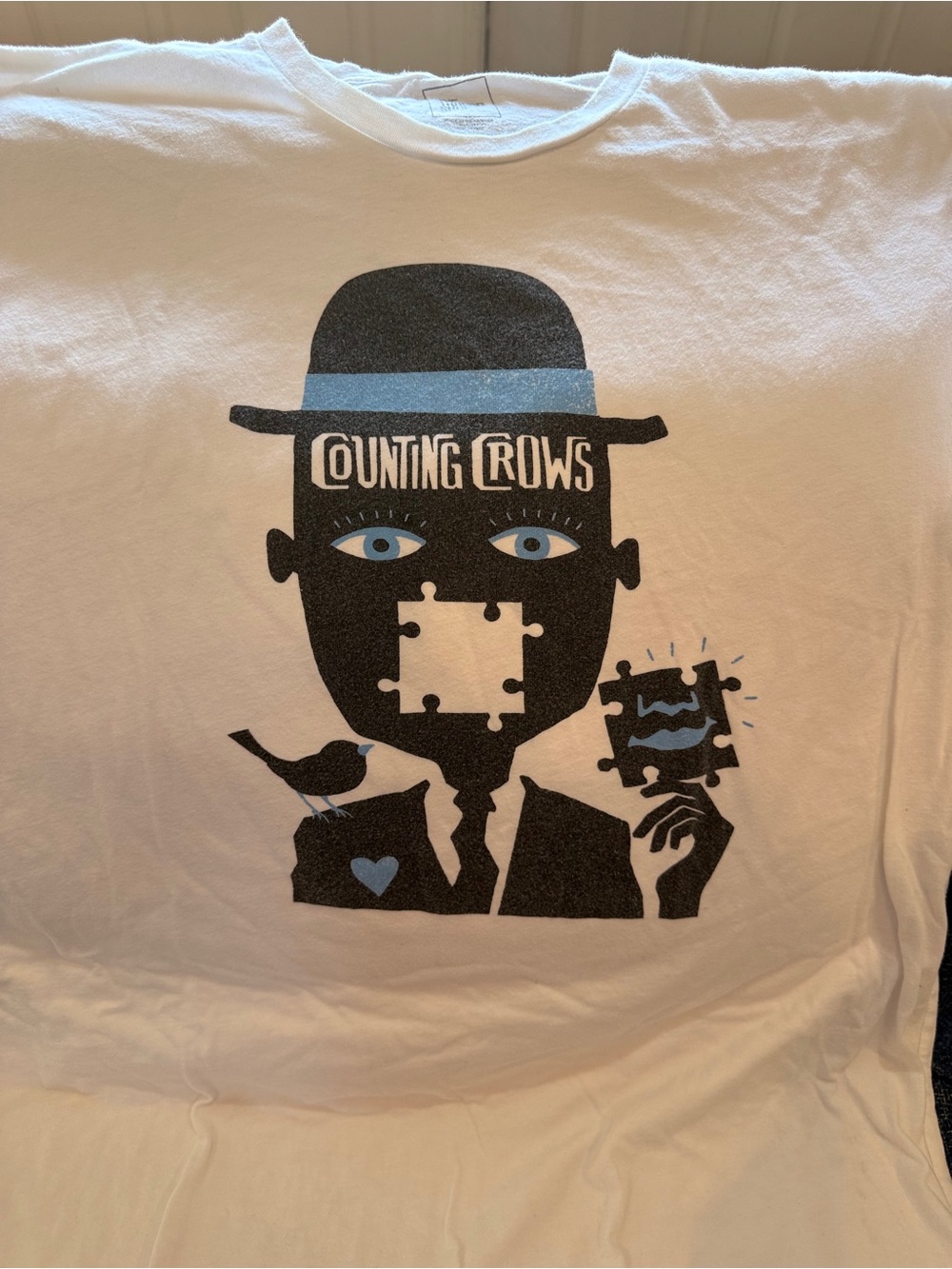 Counting Crows Logo Graphic Tee in White with Black and Light Blue Print
